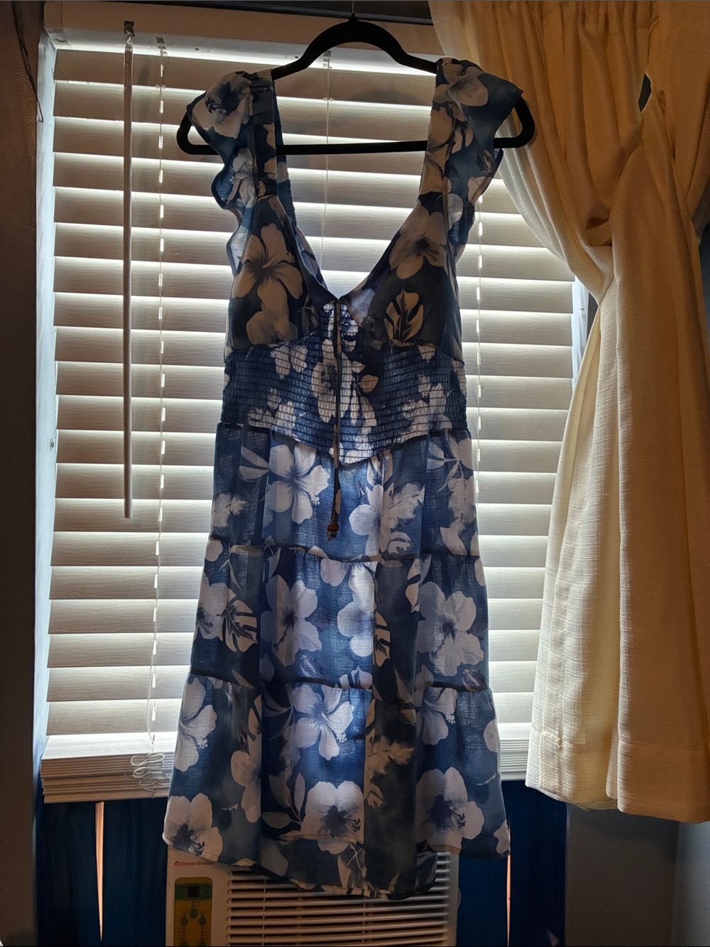 Blue Floral Ruffle-Shoulder Chemise with Smocked Bodice